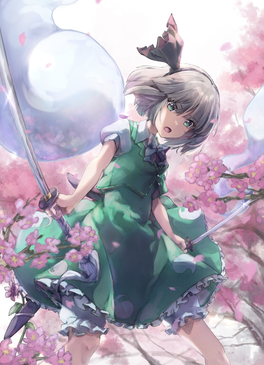 1girl black_bow black_bowtie black_hairband bow bowtie cherry_blossoms commentary_request flower ghost green_eyes green_skirt green_vest grey_hair hairband highres holding holding_sword holding_weapon katana konpaku_youmu konpaku_youmu_(ghost) looking_at_viewer multiple_swords nanop38 open_mouth pink_flower shirt short_hair short_sleeves skirt solo sword touhou vest weapon white_shirt