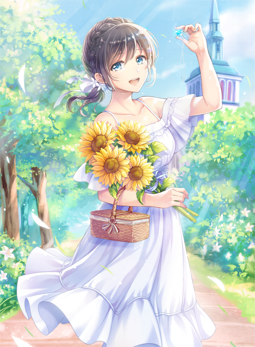 1girl absurdres basket black_hair blue_eyes blue_sky blunt_bangs blush_stickers bouquet breasts cowboy_shot dress empire_waist flower frilled_dress frilled_sleeves frills hand_up highres holding holding_basket holding_jewelry holding_necklace jewelry looking_at_viewer medium_breasts medium_dress medium_hair mono_lith necklace off-shoulder_dress off_shoulder open_mouth original outdoors picnic_basket short_sleeves sky smile solo spaghetti_strap sundress sunflower white_dress