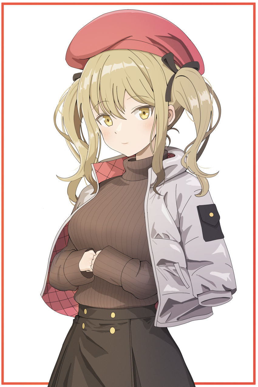 1girl absurdres beret blonde_hair blush bow brown_sweater english_commentary gilijim girls'_frontline hair_between_eyes hair_bow hat highres jacket medium_hair open_clothes open_jacket red_headwear ribbed_sweater sidelocks skirt sten_mkii_(girls'_frontline) sweater turtleneck turtleneck_sweater twintails white_background white_jacket yellow_eyes