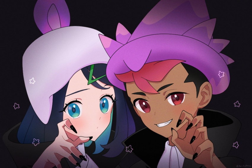 1boy 1girl black_hair black_nails dark-skinned_male dark_skin eyelashes green_eyes grin hair_ornament hairclip hand_up hat highres liko_(pokemon) multicolored_hair nail_polish pokemon pokemon_(anime) pokemon_horizons portrait purple_headwear red_eyes rei_hinketsu roy_(pokemon) shirt short_hair smile star_(symbol) teeth white_headwear white_shirt