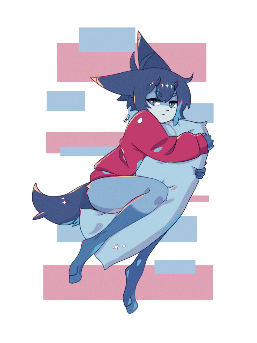 anthro aoiyokaineo blue_body blue_eyes blue_fur body_pillow bottomless canid canine clothed clothing demon embrace fox fur hi_res holding_object horn hug hybrid male mammal pantsless pillow pillow_hug red_clothing red_shirt red_topwear shirt shirt_only simple_background solo topwear topwear_only