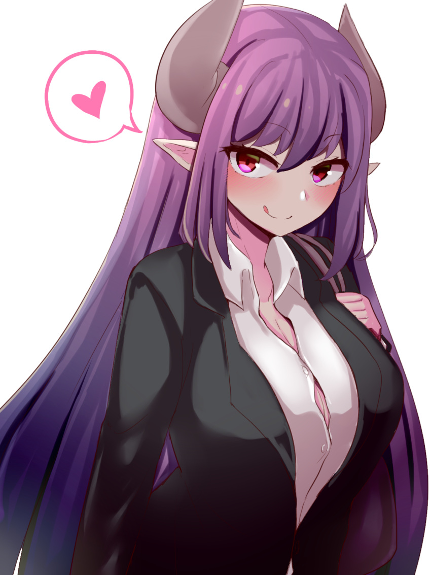 1girl alma_elma blush breasts cleavage collared_shirt commentary_request demon_girl formal heart highres horns large_breasts long_hair looking_at_viewer mon-musu_quest! monster_girl office_lady partial_commentary partially_unbuttoned pointy_ears purple_hair raichi_(ddq0246) red_eyes shirt simple_background smile solo spoken_heart suit upper_body very_long_hair white_background white_shirt
