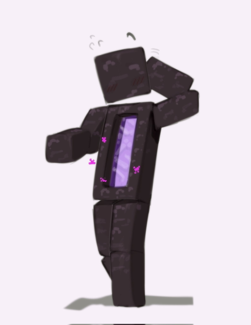 ambiguous_gender animate_inanimate black_body bodily_fluids eyebrows floating_eyebrows flying_sweatdrops full-length_portrait hi_res kogito microsoft minecraft mojang nether_portal portal portrait simple_background solo standing sweat sweatdrop the_nether_(minecraft) toony xbox_game_studios