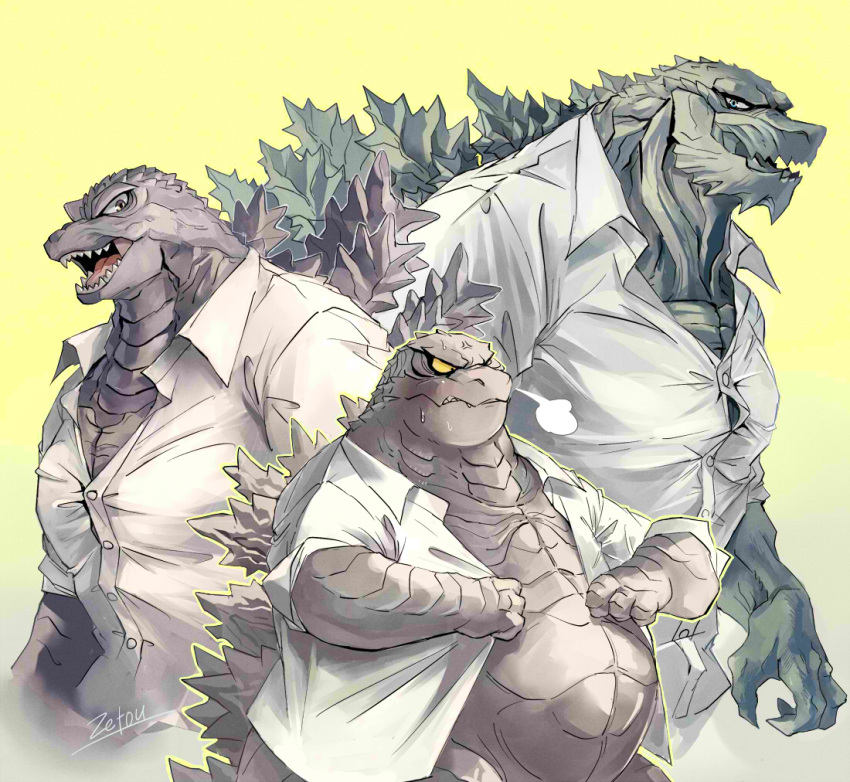 2023 anthro back_spikes belly big_belly bodily_fluids breath brown_body brown_eyes brown_scales claws clothing dress_shirt facial_spikes finger_claws godzilla godzilla_(2014) godzilla_(series) godzilla_earth green_body green_eyes green_scales group kaiju male open_mouth overweight overweight_male reptile scales scalie semi-anthro sharp_teeth shirt signature simple_background spikes spikes_(anatomy) standing sweat sweatdrop teeth toho tongue topwear trio white_clothing white_shirt white_topwear yellow_background yellow_sclera zetou