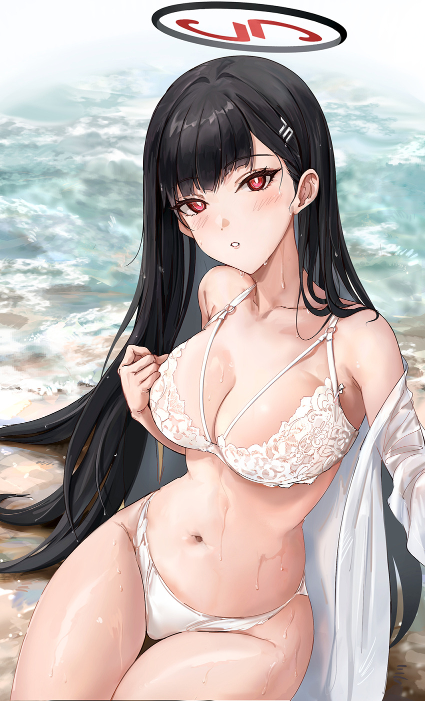 1girl beach black_hair blue_archive bra breasts cleavage collarbone embroidered_bra hair_ornament hairclip halo hamidasu highres large_breasts long_hair looking_at_viewer navel panties parted_lips red_eyes rio_(blue_archive) shirt sitting solo stomach thighs underwear very_long_hair wet wet_clothes wet_hair wet_shirt white_bra white_panties white_shirt