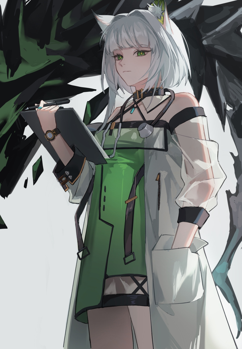 1girl absurdres animal_ear_fluff animal_ears arknights bright_pupils cat_ears chinese_commentary clipboard closed_mouth coat collar commentary_request cowboy_shot dress expressionless green_dress green_eyes hand_in_pocket highres holding holding_clipboard holding_pen jewelry kal'tsit_(arknights) long_sleeves looking_at_viewer medium_hair mon3tr_(arknights) off-shoulder_dress off_shoulder open_clothes open_coat pen ring simple_background solo stethoscope watch weimeizi white_background white_coat white_collar white_hair white_pupils wristwatch