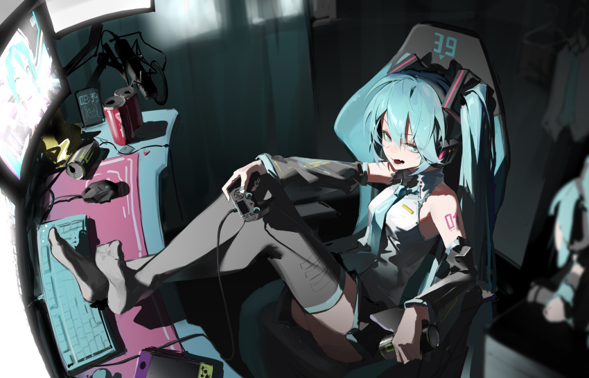 1girl 39 absurdres aqua_eyes aqua_hair aqua_nails aqua_necktie arm_rest bare_shoulders black_skirt black_sleeves black_thighhighs breasts can chair collared_shirt commentary controller crossed_legs curtains detached_sleeves energy_drink eyelashes feet feet_on_table feet_up full_body gaming_chair grey_shirt hair_between_eyes hand_on_own_knee hatsune_miku headphones highres holding holding_controller indoors jiu_ye_sang keyboard_(computer) knees_up leaning_back legs long_hair miniskirt monitor mouse_(computer) nail_polish necktie no_shoes open_mouth shadow shirt sidelocks sitting skirt sleeveless sleeveless_shirt small_breasts soles solo swivel_chair teeth thighhighs thighs toes vocaloid