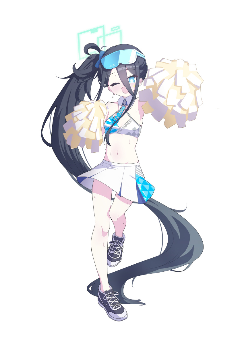 1girl 525_woiwo ;d absurdly_long_hair absurdres alternate_costume aris_(blue_archive) bare_legs bare_shoulders black_hair blue_archive blue_eyes blush character_name cheerleader crop_top eyewear_on_head full_body hair_between_eyes halo hands_up happy highres holding holding_pom_poms long_hair midriff millennium_cheerleader_outfit_(blue_archive) miniskirt navel one_eye_closed pale_skin pleated_skirt pom_pom_(cheerleading) ponytail revision skirt smile solo standing standing_on_one_leg sunglasses very_long_hair