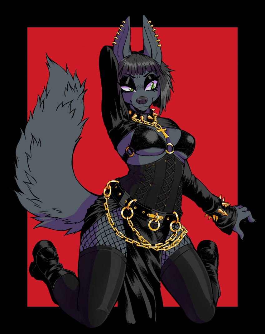 anthro anubian_jackal black_clothing black_hair breasts canid canine canis clothing collar ear_piercing ear_ring female fishnet fishnet_legwear fur green_eyes grey_body grey_fur gutter-bunny hair hi_res jackal legwear mammal nightshade_(kadath) piercing ring_piercing solo spiked_collar spikes thigh_highs