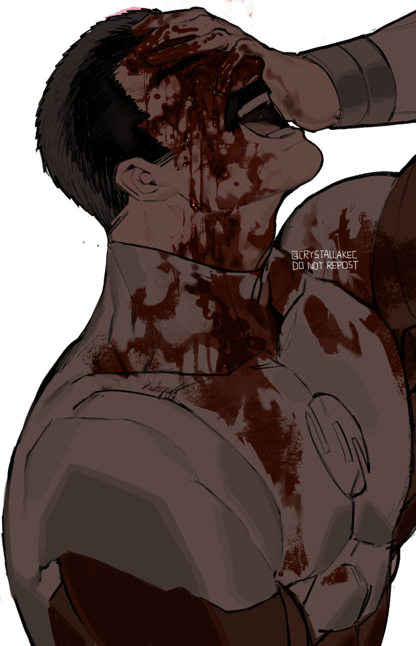 1boy black_hair blood blood_on_clothes blood_on_face blood_on_hands bodysuit closed_eyes crystallakec facial_hair highres invincible_(series) large_pectorals male_focus mature_male muscular muscular_male mustache nolan_grayson omni-man open_mouth pectorals red_bodysuit short_hair smile solo twitter_username two-tone_bodysuit white_bodysuit