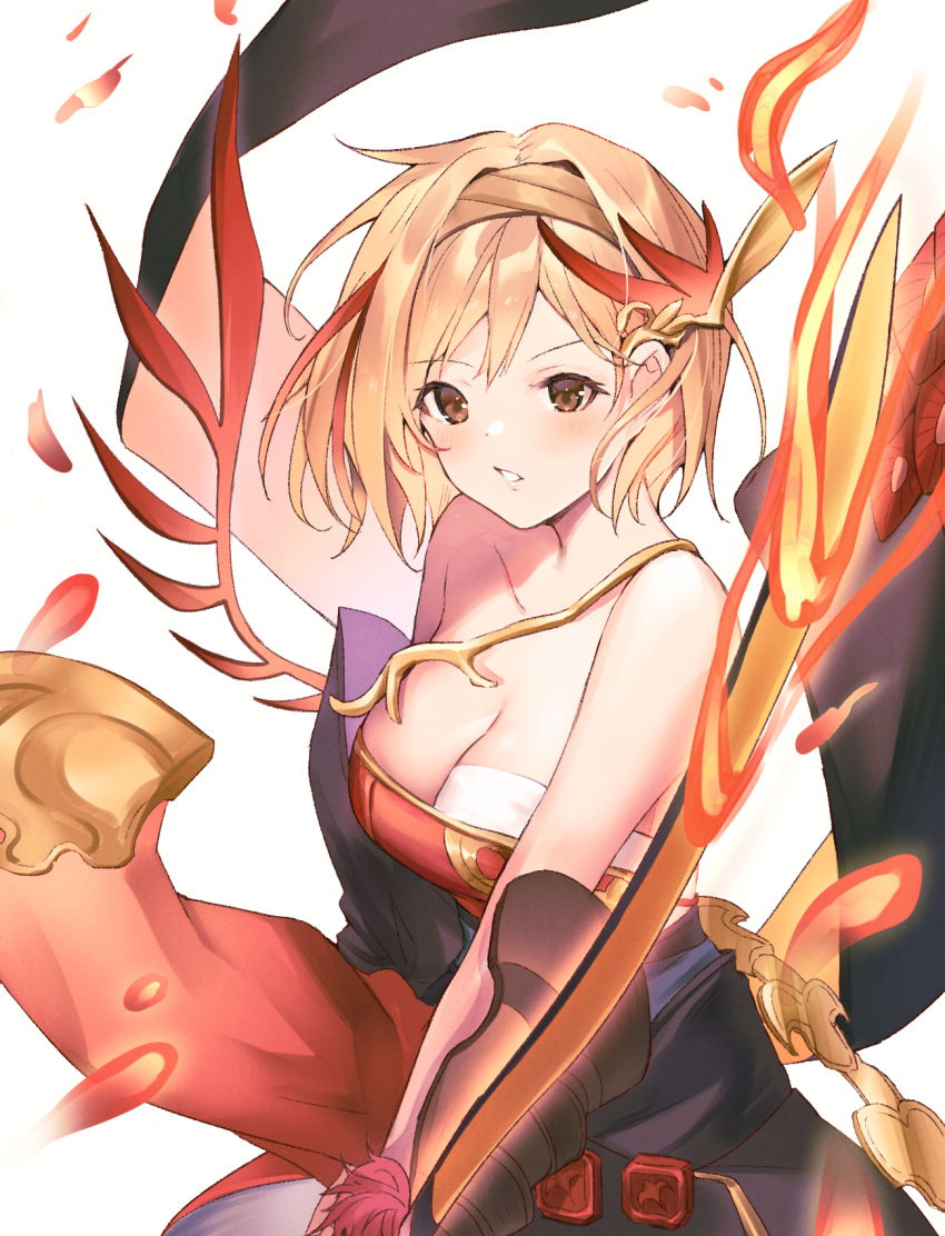 1girl blonde_hair breasts brown_eyes cleavage commentary_request djeeta_(granblue_fantasy) dress firedancer's_roseplume_(granblue_fantasy) flaming_sword flaming_weapon granblue_fantasy highres holding holding_sword holding_weapon katana medium_breasts official_alternate_costume parted_lips red_dress short_hair solo strapless strapless_dress sword weapon white_background yuntae