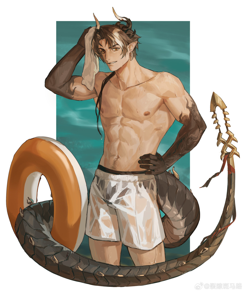 1boy abs absurdres aixiwuganda_(20222192) alternate_costume arknights bara black_hair black_male_swimwear brown_hair bulge chong_yue_(arknights) dragon_boy dragon_horns dragon_tail earrings feet_out_of_frame gradient_skin highres holding holding_with_tail horns innertube jewelry large_pectorals long_hair looking_at_viewer male_focus male_swimwear multicolored_hair muscular muscular_male navel navel_hair nipples pectorals pointy_ears prehensile_tail red_eyes see-through simple_background smile solo standing stomach streaked_hair swim_briefs swim_trunks tail thick_eyebrows topless_male two-tone_hair wet white_male_swimwear wiping