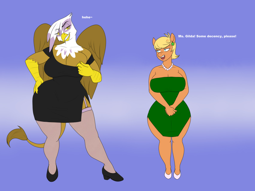 anthro anthrofied avian big_breasts blonde_hair breasts cleavage clothed clothing duo equid equine female friendship_is_magic gilda_(mlp) gryphon hair hasbro hi_res larger_female lurking_tyger mammal mature_female ms._harshwhinny_(mlp) my_little_pony mythological_avian mythology size_difference smaller_female teasing thick_thighs wide_hips