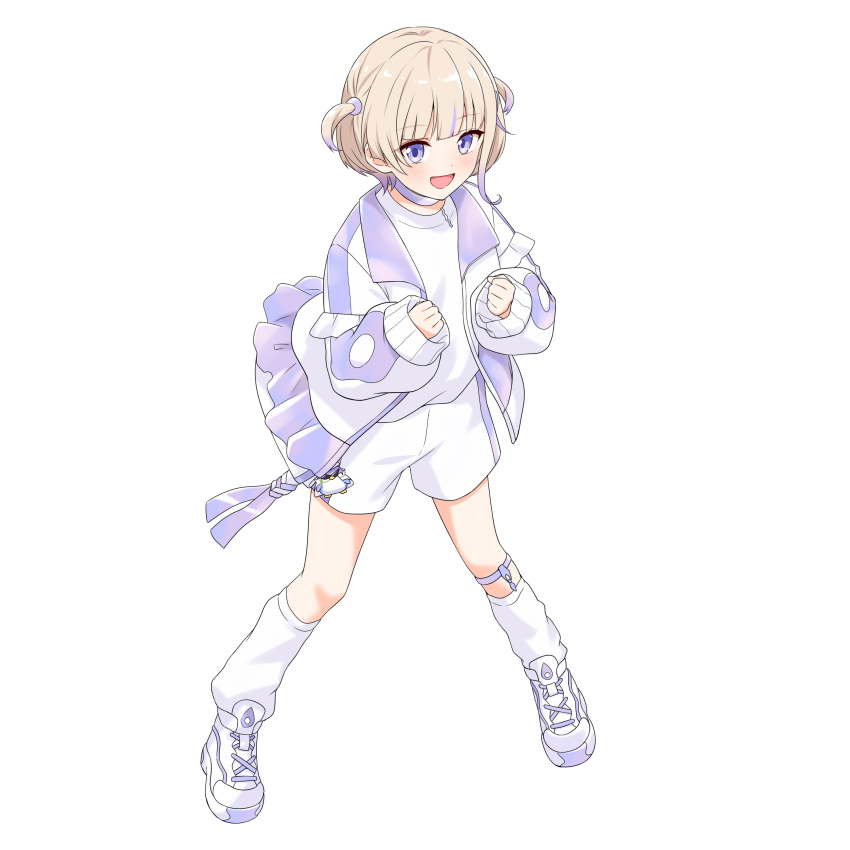 1girl absurdres blonde_hair blunt_bangs choker clenched_hands commentary felutiahime full_body highres hololive hololive_dev_is iridescent jacket long_sleeves open_mouth purple_eyes shirt shoes short_hair short_twintails shorts simple_background sleeves_past_wrists smile socks solo todoroki_hajime twintails two_side_up virtual_youtuber white_background white_footwear white_shirt white_shorts