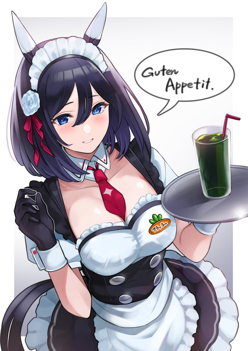 1girl absurdres animal_ears apron black_dress black_gloves black_hair blue_eyes bob_cut breasts cup detached_collar dress drinking_glass dutch_angle eishin_flash_(umamusume) feet_out_of_frame flower german_text gloves hair_between_eyes hair_flower hair_ornament highres holding holding_tray horse_ears horse_girl horse_tail large_breasts light_blush maid maid_apron maid_headdress medium_hair necktie red_necktie short_sleeves smile speech_bubble swept_bangs tail tray umamusume upper_body white_flower yokoji_(kodai2015)