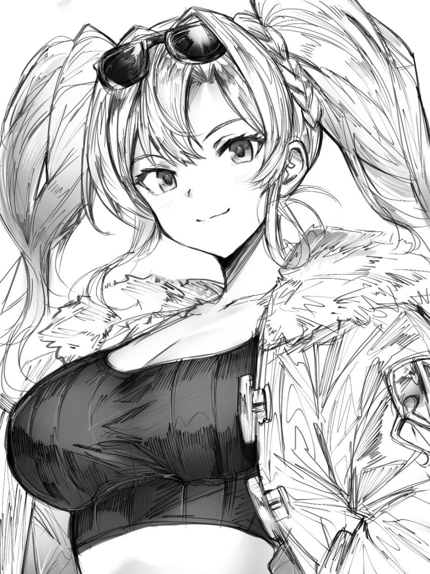 1girl breasts cleavage closed_mouth crop_top eyewear_on_head fur-trimmed_jacket fur_trim granblue_fantasy greyscale highres jacket large_breasts long_hair long_sleeves looking_at_viewer midriff monochrome monogrbl open_clothes open_jacket parted_lips sidelocks smile solo sunglasses twintails upper_body zeta_(granblue_fantasy)