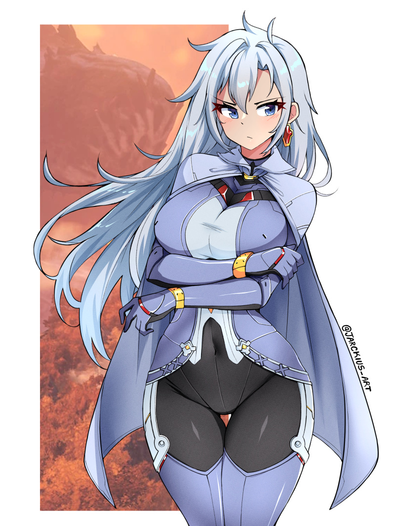 1girl a_(xenoblade) absurdres blue_eyes bodysuit breasts cape closed_mouth covered_navel earrings frown grey_hair hair_between_eyes highres jarckius jewelry large_breasts long_hair looking_at_viewer solo standing tree white_cape xenoblade_chronicles_(series) xenoblade_chronicles_3