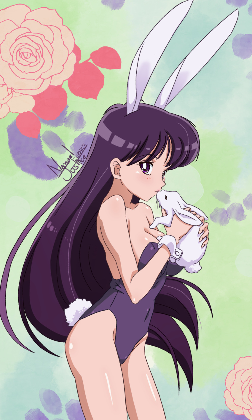 1girl alternate_costume animal animal_ears bare_arms bare_legs bare_shoulders bishoujo_senshi_sailor_moon breasts cleavage closed_mouth collarbone covered_navel dated fake_tail floating_hair flower from_side highleg highleg_leotard highres hino_rei holding holding_animal large_breasts leotard long_hair nanaeljustice pink_flower pink_rose playboy_bunny purple_eyes purple_hair purple_leotard rabbit rabbit_ears rabbit_tail rose shiny_skin solo straight_hair strapless strapless_leotard tail very_long_hair wrist_cuffs