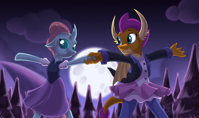 2023 4_fingers anthro arthropod blue_body blue_eyes blue_skin bottomwear changeling clothing digital_media_(artwork) disney dragon dress duo fangs female feral fin fingers friendship_is_magic full_moon hair hand_holding hasbro hi_res horn mohawk moon my_little_pony night no_sclera ocellus_(mlp) orange_body orange_skin orange_tail outside plant purple_hair scalie sirzi skirt smile smolder_(mlp) tail teeth the_owl_house tree western_dragon yellow_ears