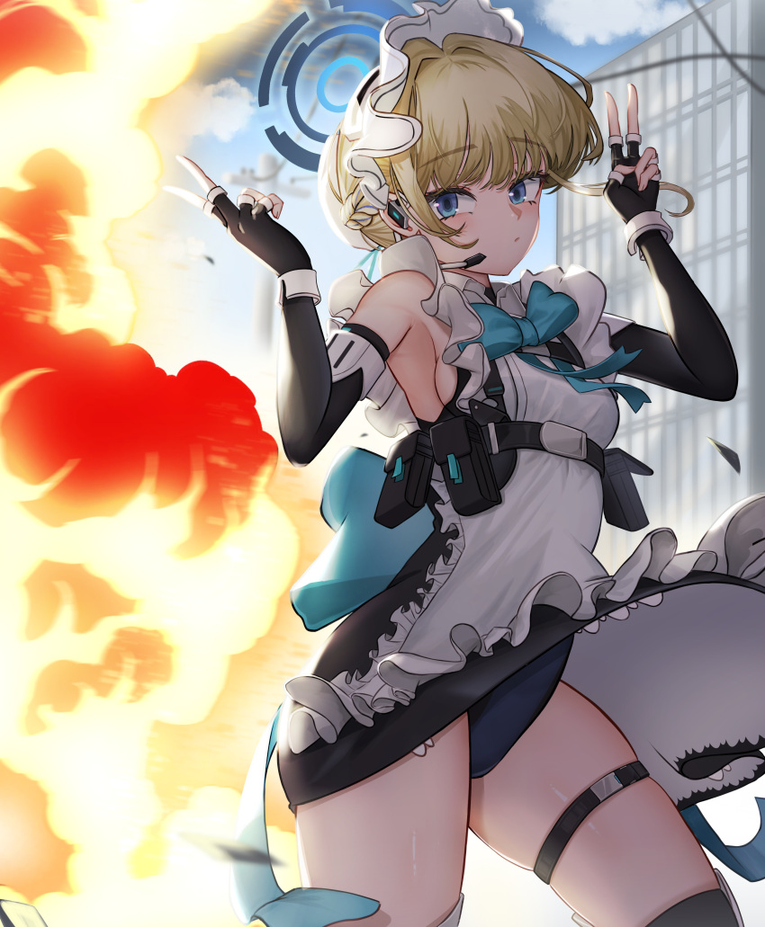 1girl absurdres apron blonde_hair blue_archive blue_bow blue_bowtie blue_eyes bow bowtie braid breasts closed_mouth cloud double_v dress earpiece explosion french_braid frilled_dress frills highres holster kunku_(youn4431) leotard leotard_under_clothes looking_at_viewer maid maid_apron maid_headdress microphone pouch revision short_hair sky small_breasts solo thigh_strap thighhighs thighs toki_(blue_archive) upskirt v