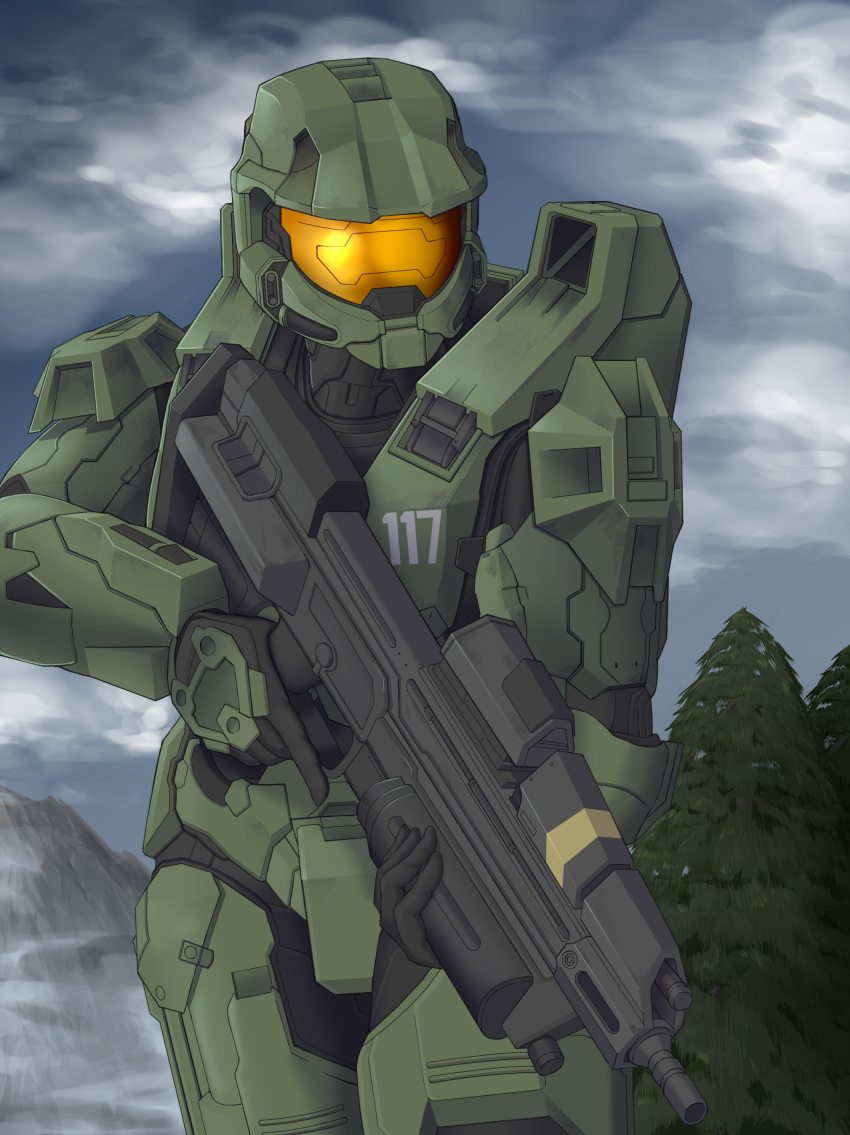 1boy absurdres assault_rifle black_gloves bullpup cloud gloves gun halo_(series) highres holding holding_gun holding_weapon ma5 male_focus master_chief mountain power_armor rifle sky solo spartan_(halo) tome_itou tree trigger_discipline weapon