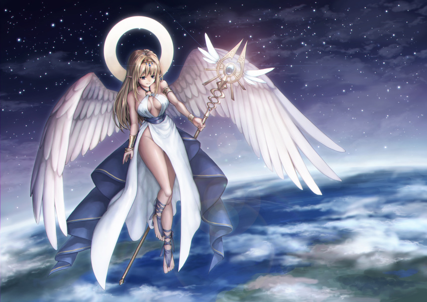 1girl armlet blonde_hair breasts earth_(planet) feathered_wings full_body hair_ornament halo highres holding holding_staff long_hair looking_down natto0123 original planet pointy_ears solo space staff star_(sky) white_wings wings