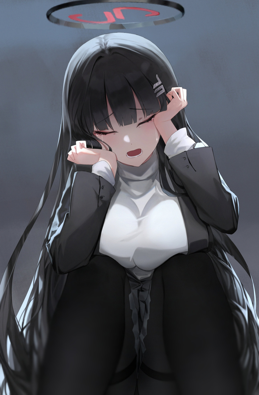 1girl absurdres bbul_horn black_hair black_pantyhose black_skirt black_suit blue_archive blunt_bangs breasts crying hair_ornament hairclip halo highres jacket large_breasts long_hair long_sleeves pantyhose rio_(blue_archive) simple_background skirt solo suit sweater turtleneck turtleneck_sweater very_long_hair white_sweater