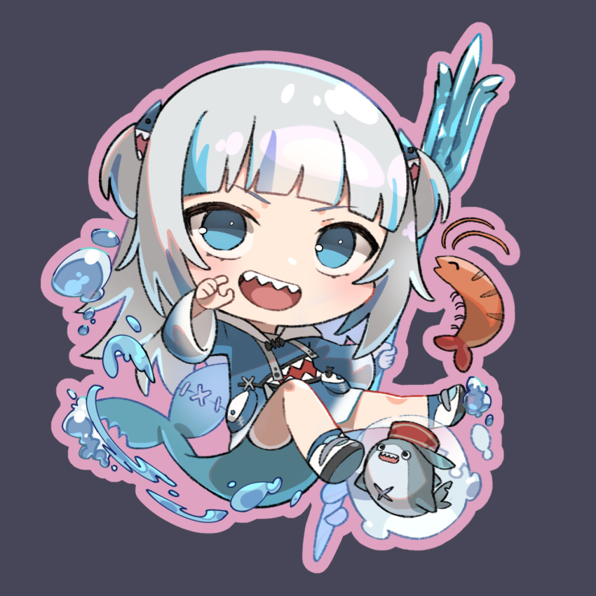 1girl bloop_(gawr_gura) blue_eyes blue_hair blue_hoodie blunt_bangs blush chibi ebi-chan_(gawr_gura) fins fish_tail gawr_gura gawr_gura_(1st_costume) grey_hair hair_ornament highres holding holding_weapon hololive hololive_english hood hoodie kouhiipan long_sleeves looking_at_viewer medium_hair multicolored_hair open_mouth polearm shark_girl shark_hair_ornament shark_tail sharp_teeth shrimp sidelocks simple_background solo streaked_hair tail teeth trident two_side_up upper_teeth_only virtual_youtuber water weapon wide_sleeves