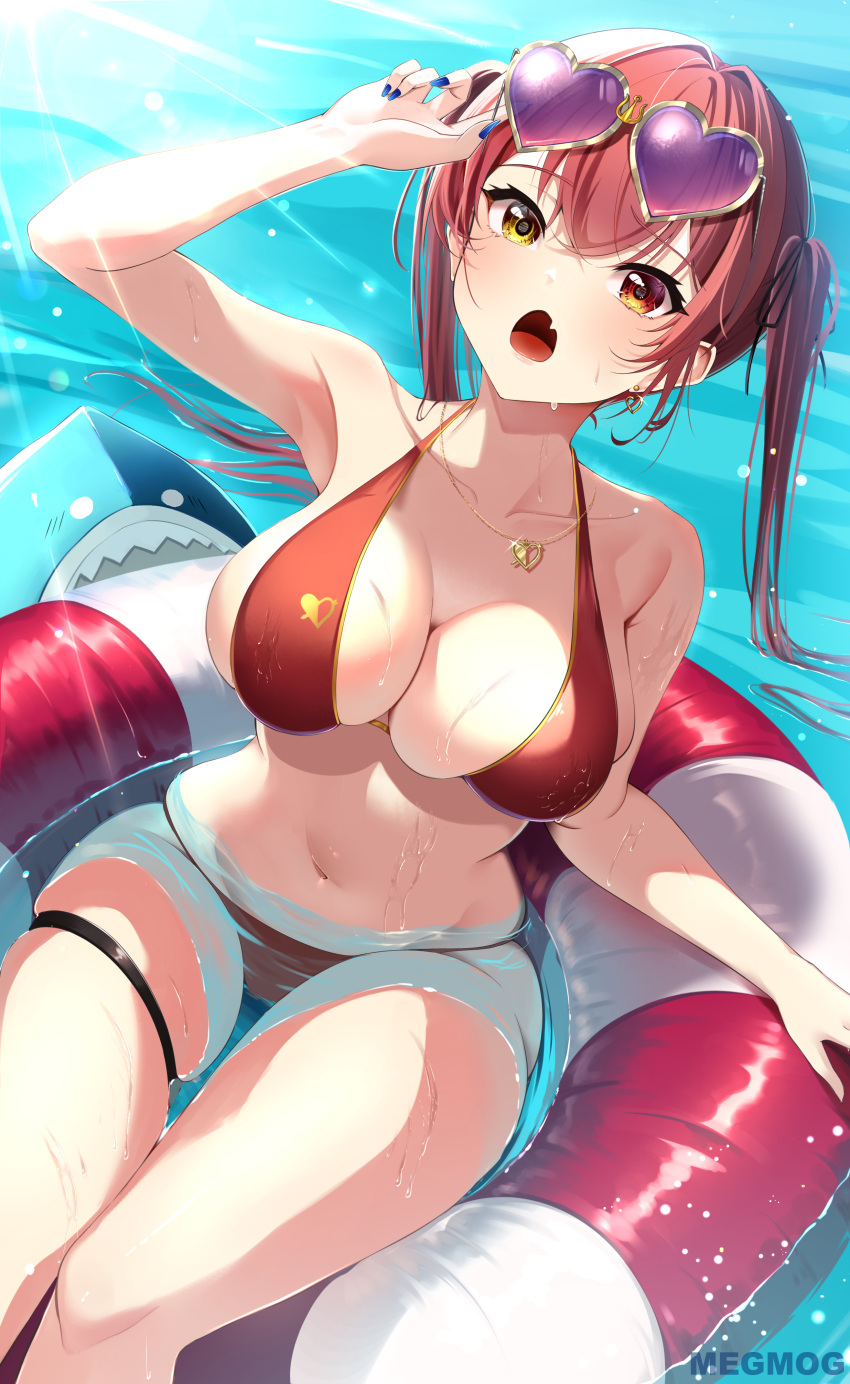 2girls :o absurdres afloat animal_hood arm_up bikini breasts collarbone day earrings eyewear_on_head fang gawr_gura gawr_gura_(1st_costume) gold_necklace heart heart-shaped_eyewear heart_necklace heterochromia highres hololive hololive_english hood houshou_marine houshou_marine_(4th_costume) innertube jewelry large_breasts mogmog_megmog multiple_girls nail_polish navel necklace open_mouth outdoors red_bikini red_eyes red_hair shark_hood skindentation solo_focus stomach swimsuit thigh_strap thighs twintails virtual_youtuber water wet yellow_eyes