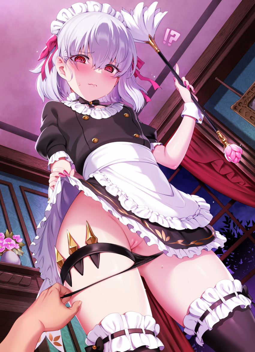 1boy 1girl @_@ alternate_costume apron black_dress black_panties black_thighhighs blush breasts buttons choker closed_mouth clothes_lift commentary_request double-breasted dress dress_lift duster enmaided eyes_visible_through_hair fate/grand_order fate/grand_order_arcade fate_(series) feather_duster fingernails flower frilled_choker frills hair_ribbon hetero highres holding kama_(fate) kama_(mistake)_(fate) long_fingernails looking_at_viewer m-da_s-tarou maid maid_headdress panties panty_pull pink_flower puffy_short_sleeves puffy_sleeves purple_nails pussy red_eyes ribbon short_hair short_sleeves small_breasts solo_focus thigh_strap thighhighs thighs uncensored underwear waist_apron white_apron white_hair wrist_cuffs