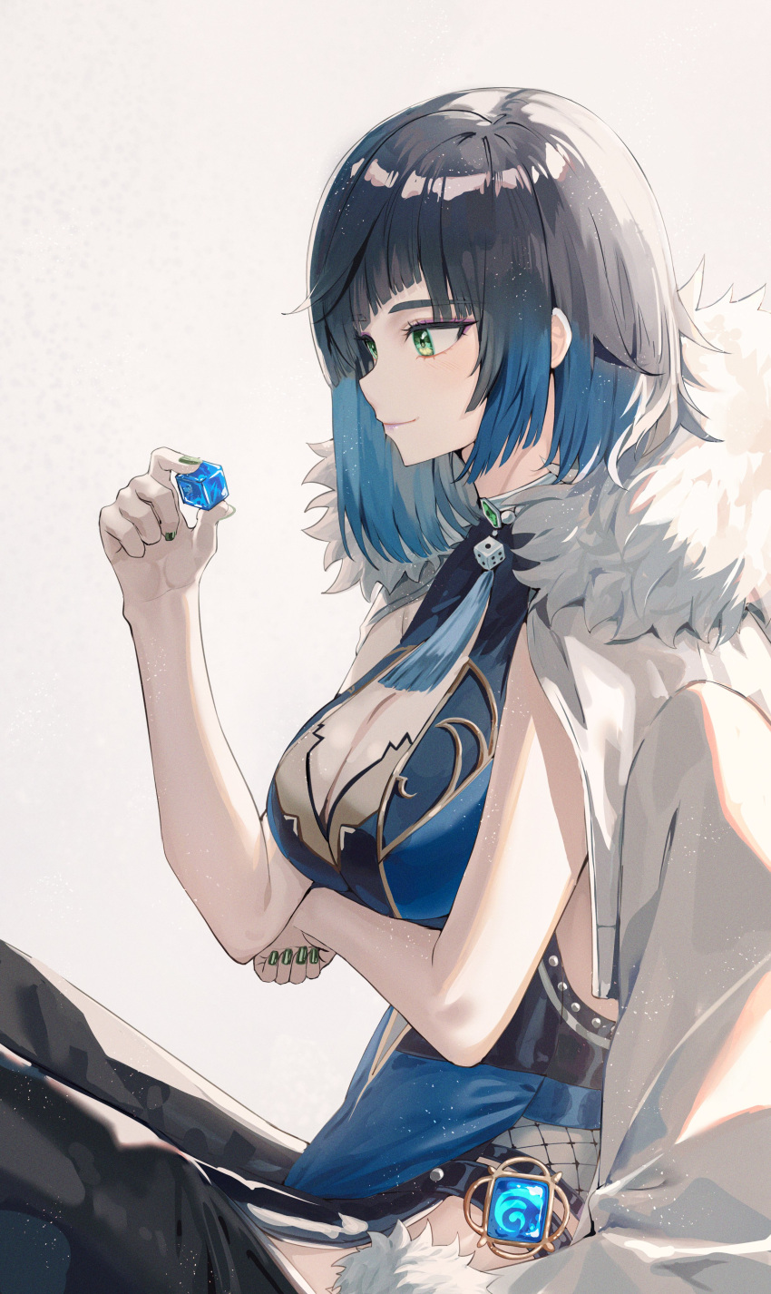 1girl absurdres arm_under_breasts arm_up asymmetrical_hair bare_shoulders black_hair black_nails blue_hair blunt_bangs bob_cut breasts carrying carrying_under_arm cleavage closed_mouth commentary_request diagonal_bangs dice feather-trimmed_jacket feather_collar fishnets fur-trimmed_jacket fur_trim genshin_impact gradient_hair green_eyes head_tilt highres holding holding_dice jacket jacket_on_shoulders jisu_lee large_breasts looking_at_object multicolored_hair nail nail_polish short_hair simple_background smile solo tassel_choker vision_(genshin_impact) waist_cutout yelan_(genshin_impact)