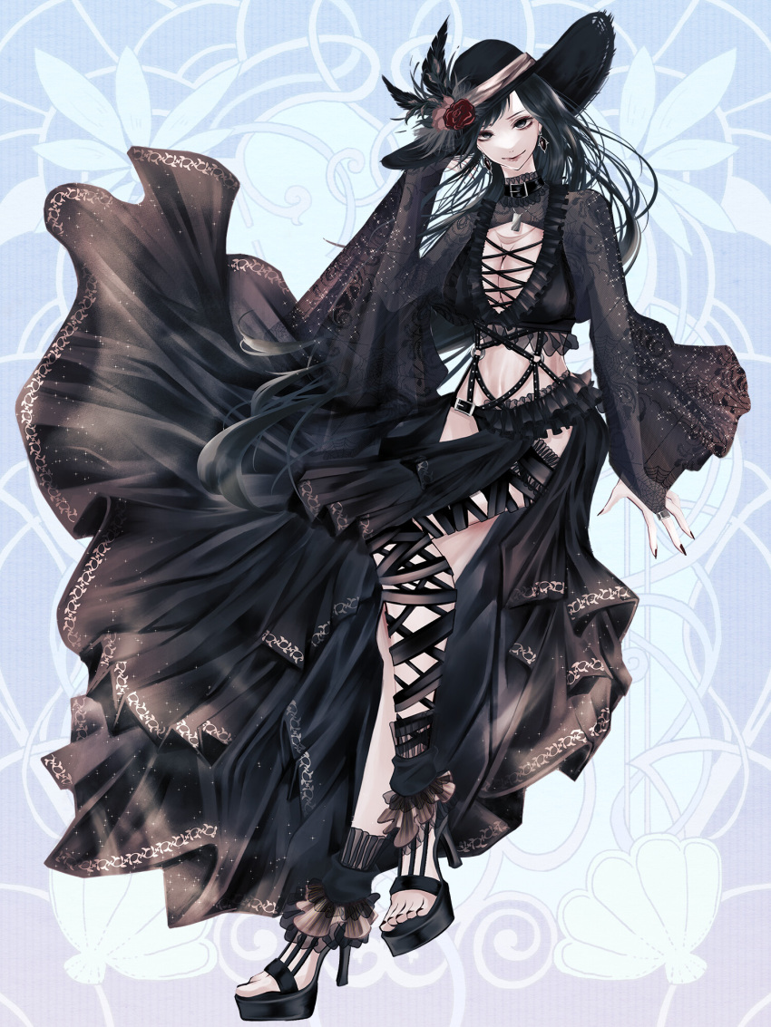 1girl bad_proportions belt_collar black_headwear black_nails blue_background breasts chain_paradox choker cleavage collar flower frills full_body hand_up hat hat_flower high_heels highres jewelry large_breasts long_neck long_sleeves necklace o-ring see-through see-through_sleeves smile solo uryuu_kou xkfnz