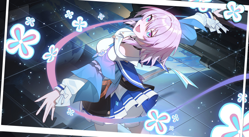 1girl :d absurdres archery_shooting_glove astral_express_(honkai:_star_rail) black_collar black_gloves blue_eyes blue_jacket blue_skirt bow collar commentary_request cowboy_shot flower from_above from_behind gloves highres honkai:_star_rail honkai_(series) jacket long_sleeves looking_at_viewer looking_back march_7th_(honkai:_star_rail) medium_hair open_mouth outstretched_arms picture_frame pink_eyes pink_hair pleated_skirt single_glove skirt smile solo spread_arms sye- two-tone_eyes white_bow