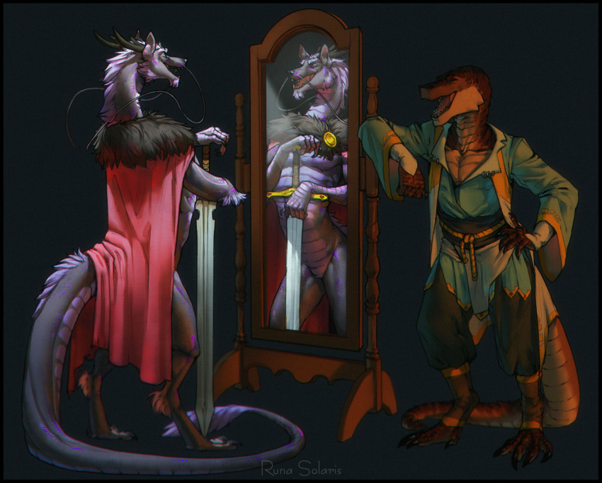 2022 anthro biped cape clothed clothing digital_media_(artwork) dragon duo eyes_closed fur hi_res horn humanoid_hands king male melee_weapon mirror open_mouth royalty runasolaris scales scalie simple_background standing sword teeth tongue weapon