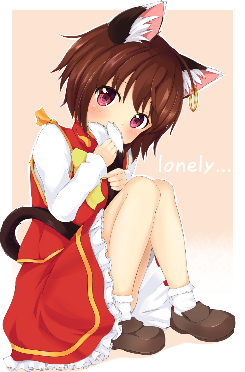1girl absurdres animal_ear_piercing animal_ears bare_legs blush bobby_socks border brown_footwear brown_hair cat_ears cat_tail chen chinoru commentary_request covering_mouth earrings english_text frills full_body head_tilt highres holding_own_tail jewelry knees_together_feet_apart long_sleeves looking_at_viewer multiple_tails nekomata no_headwear outline outside_border petite petticoat pink_background purple_eyes red_skirt red_vest short_hair simple_background single_earring sitting skirt skirt_set socks solo tail touhou two_tails vest white_border white_outline