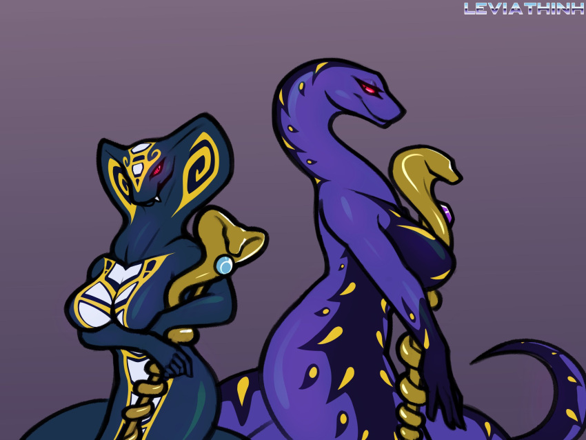 anacondrai anthro apode big_breasts blue_body blue_scales breasts crossgender crossover draconcopode duo fangs female gloves_(marking) hi_res hypnobrai legless lego leviathinh markings mtf_crossgender ninjago pupils purple_body purple_scales pythor_(ninjago) red_sclera reptile scales scalie serpentine serpentine_(ninjago) skales_(ninjago) slit_pupils snake staff teeth yellow_markings