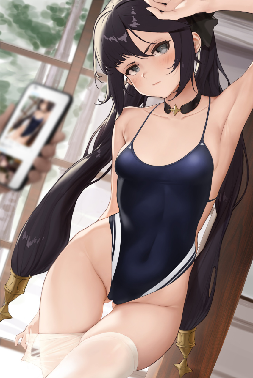 1girl absurdres alternate_costume arm_over_head arm_up armpits ass_visible_through_thighs bare_shoulders black_hair blue_one-piece_swimsuit breasts choker collarbone covered_navel genshin_impact green_eyes groin hair_ornament hand_in_thighhighs hand_on_own_thigh hand_under_clothes head_tilt highleg highleg_swimsuit highres l_ract long_hair looking_at_viewer mona_(genshin_impact) one-piece_swimsuit sideless_outfit small_breasts solo spaghetti_strap standing star_(symbol) star_hair_ornament swimsuit thighhighs thighs twintails white_thighhighs