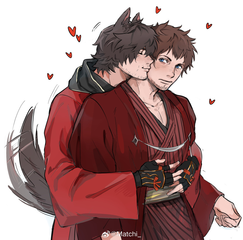 2boys absurdres adventurer_(ff14) animal_ears ardbert_hylfyst bara beard_stubble blue_eyes blush brown_hair couple dog_boy dog_ears dog_tail facial_hair final_fantasy final_fantasy_xiv from_side haori happy highres hug hug_from_behind hyur japanese_clothes kemonomimi_mode kimono looking_at_another loving_aura male_focus matchi_(2646291181) mature_male motion_blur multiple_boys mustache_stubble pectoral_cleavage pectorals red_kimono short_hair sparse_stubble stubble tail tail_wagging thick_eyebrows warrior_of_light_(ff14) yaoi