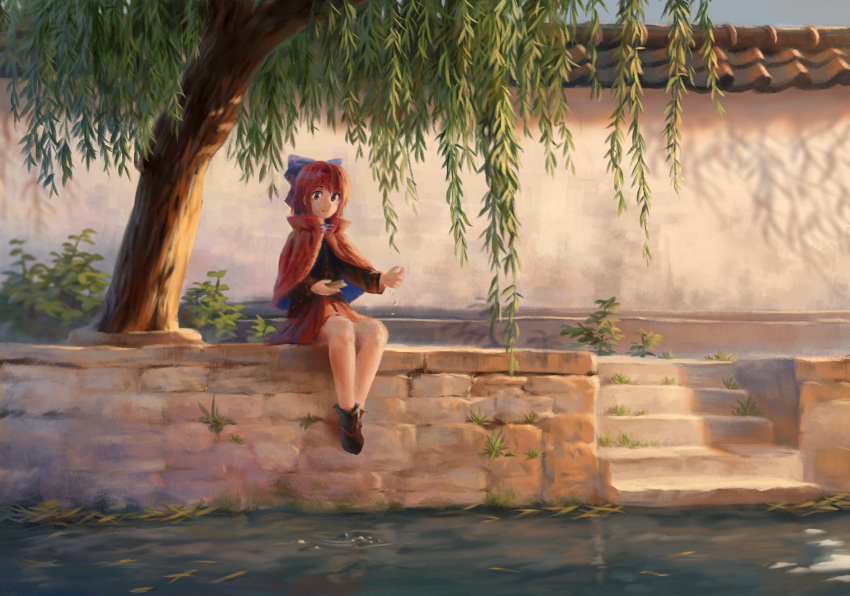 1girl black_shirt cloak closed_mouth commentary_request english_commentary full_body highres long_sleeves looking_at_viewer mixed-language_commentary outdoors plant red_eyes red_hair red_skirt river satellitedragon sekibanki shirt sitting skirt smile solo stairs touhou tree