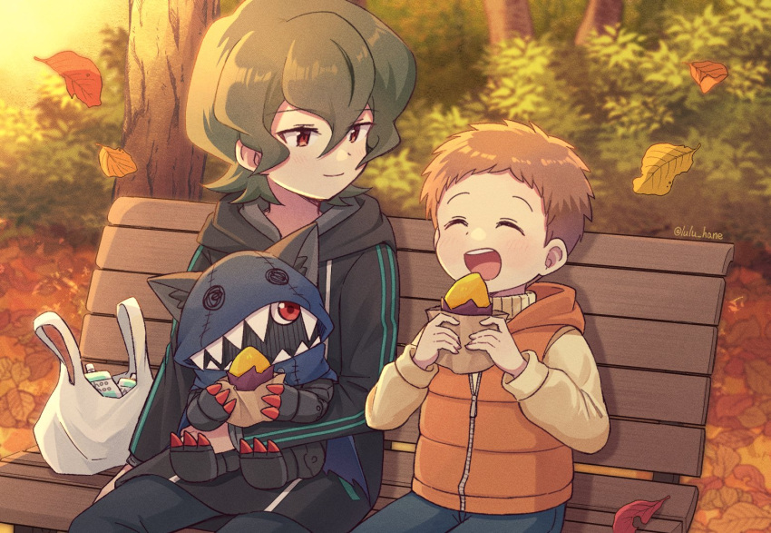 2boys appmon bag bench black_hoodie black_pants brothers brown_hair claws closed_eyes digimon digimon_(creature) digimon_on_lap eating falling_leaves food hackmon_(appmon) holding holding_food hood hoodie katsura_hajime katsura_rei leaf looking_at_another lulu_hane multiple_boys open_mouth orange_vest outdoors pants park_bench red_eyes shopping_bag short_hair siblings sitting sweater vest yellow_sweater