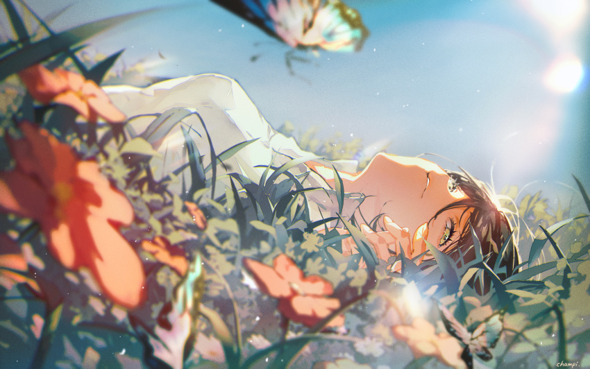 1girl artist_name blurry brown_hair bug butterfly champi collared_shirt depth_of_field english_text flower hair_between_eyes highres lens_flare looking_up lying on_back on_ground original outdoors red_flower shirt white_shirt yellow_eyes