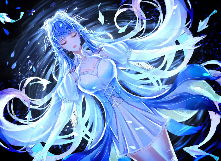1girl absurdres bare_legs bei_lulu_gan_butaihao blue_hair closed_eyes closed_mouth dark_background douluo_dalu dress fingerless_gloves fish from_above gloves highres long_hair lying on_back petals ripples second-party_source single_fingerless_glove solo tang_wutong_(douluo_dalu) upper_body water white_dress