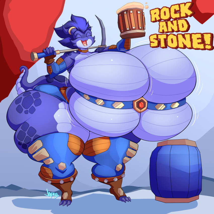 absurd_res anthro barrel beer_mug belt big_breasts blue_hair bottomwear breasts buko_(jaeh) busty_bird clothing english_text exclamation_point eyes_closed female fingerless_gloves footwear gloves hair handwear hi_res holding_pickaxe horn huge_breasts huge_thighs hyper hyper_breasts hyper_thighs jaeh kobold legwear non-mammal_breasts pickaxe scalie shorts solo text thick_thighs