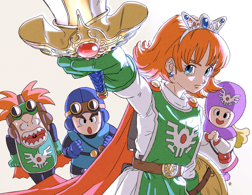 2boys 2girls angry blonde_hair blue_eyes cape cousins dragon_quest dragon_quest_ii gloves goggles goggles_on_head green_gloves highres holding holding_sword holding_weapon multiple_boys multiple_girls orange_hair prince_of_lorasia prince_of_samantoria princess_of_moonbrook princess_of_samantoria serious siblings smile sword tiara weapon yuto_sakurai
