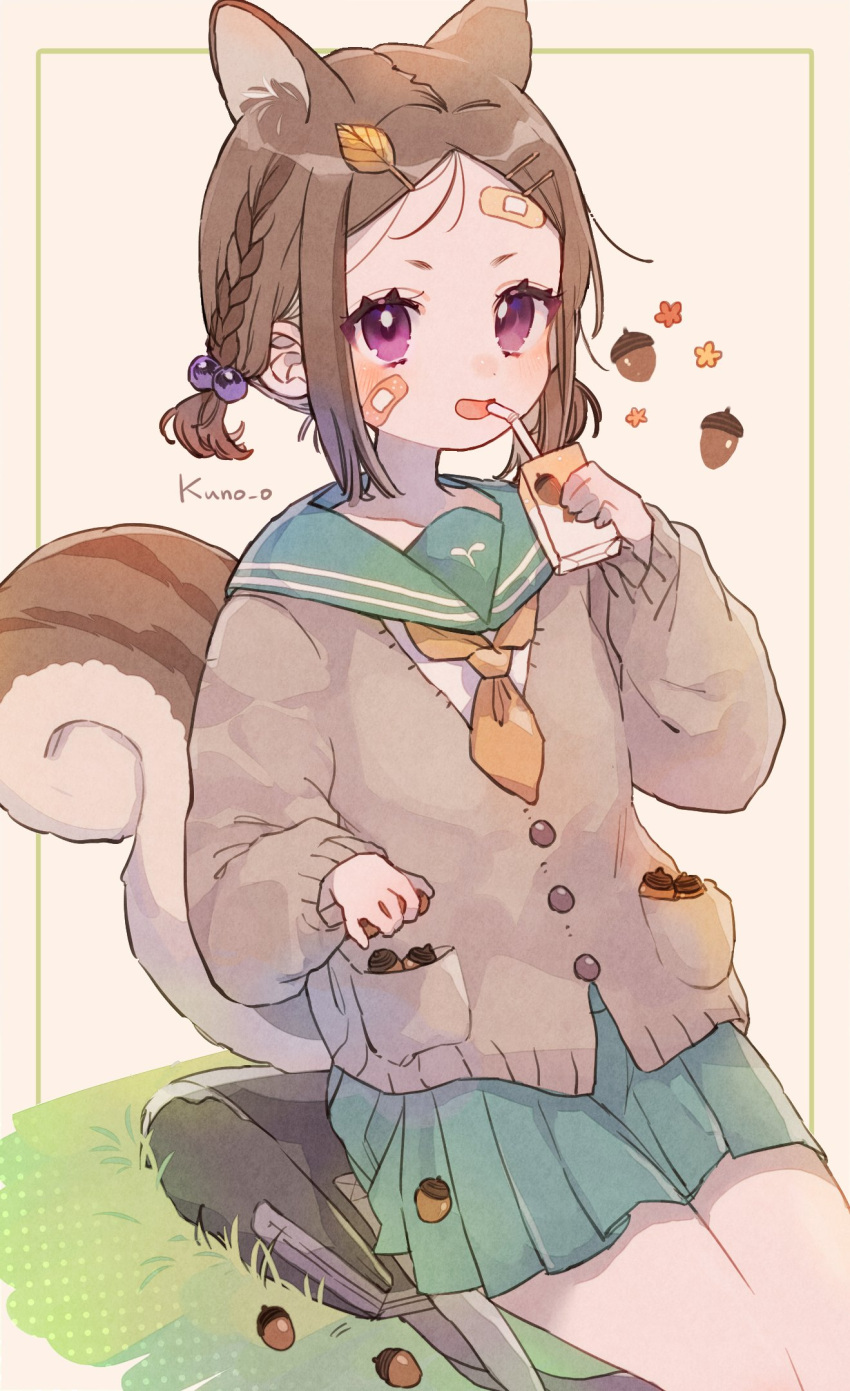 1girl :d acorn animal_ear_fluff animal_ears bandaid bandaid_on_cheek bandaid_on_face bandaid_on_forehead bendy_straw braid brown_background brown_cardigan brown_hair brown_neckerchief cardigan collarbone commentary_request drinking_straw grass green_sailor_collar green_skirt hair_bobbles hair_ornament hairclip highres holding jikuno leaf leaf_on_head long_sleeves looking_at_viewer neckerchief original parted_lips pleated_skirt puffy_long_sleeves puffy_sleeves purple_eyes sailor_collar school_uniform serafuku shirt signature sitting skirt sleeves_past_wrists smile solo squirrel_ears squirrel_girl squirrel_tail tail white_shirt