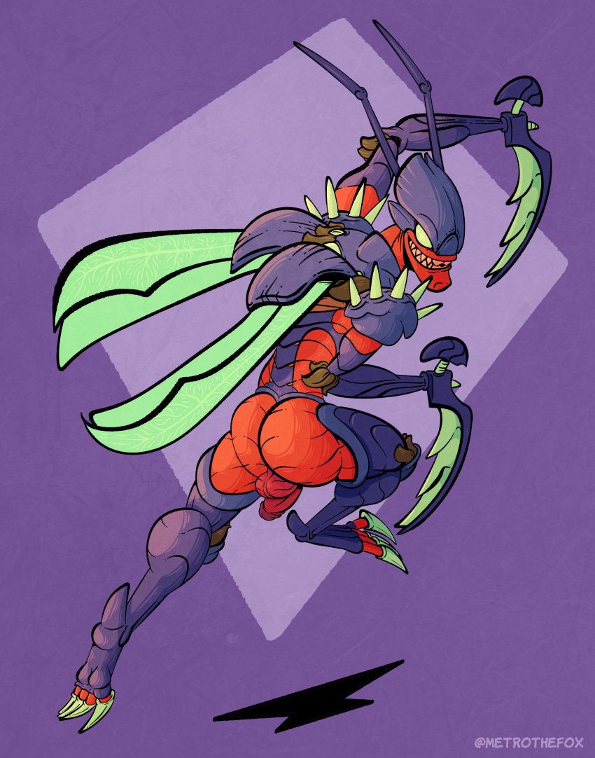 absurd_res antennae_(anatomy) anthro arthropod balls butt genitals hi_res kha'zix_(lol) league_of_legends male metrothefox penis presenting presenting_hindquarters purple_body red_body riot_games smile spread_wings wings