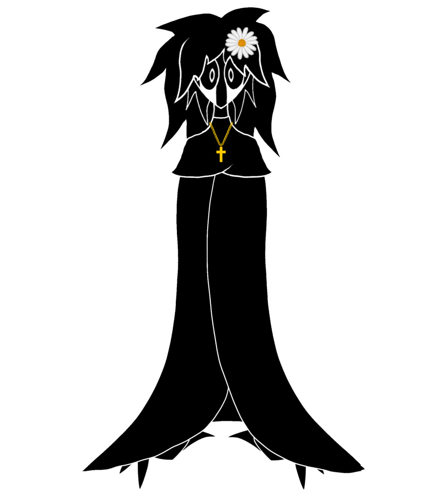 absurd_res accessory alpha_channel barely_visible_feet black_body black_hair black_sclera bodily_fluids cape cape_only claws cloak cloak_only clothing cross cross_necklace daisy_(flower) digital_drawing_(artwork) digital_media_(artwork) eldritch_abomination enigmaticwendigo expressionless feet female flower flower_hair_accessory flower_in_hair hair hair_accessory hi_res humanoid jewelry long_hair looking_at_viewer mammal monster monstrous_humanoid mostly_nude mouthless necklace outline plant simple_background solo tears