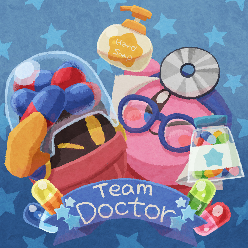 character_request doctor glasses hand_soap head_mirror highres jar kirby kirby_(series) looking_at_viewer miclot no_humans one_eye_closed