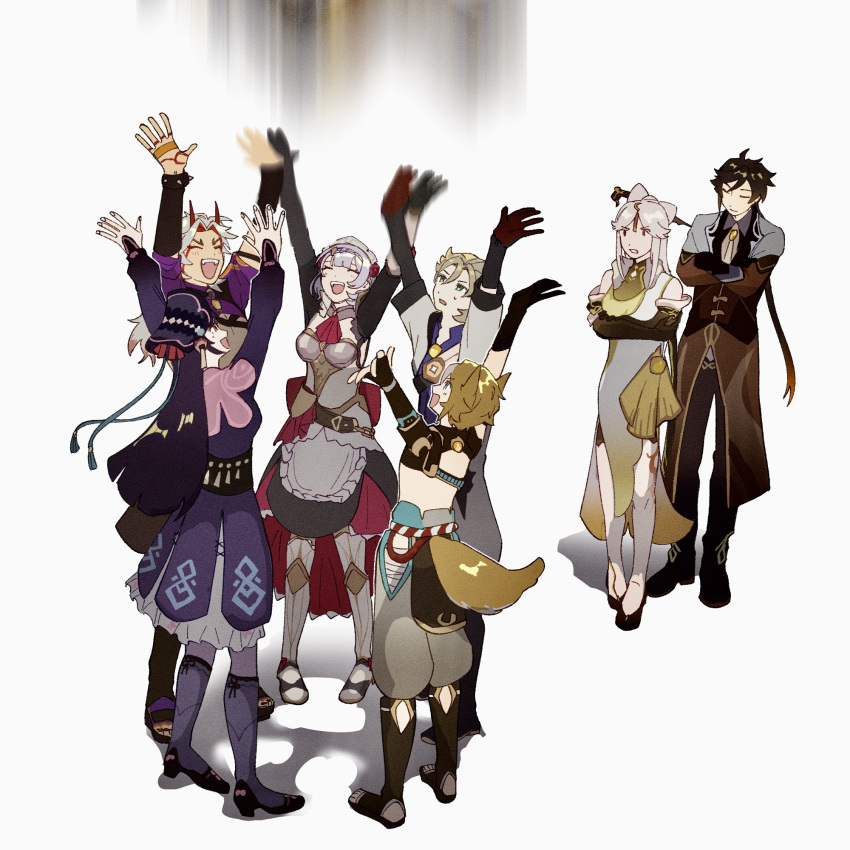 1_ooonoc 4boys 4girls albedo_(genshin_impact) animal_ears arataki_itto armor armored_dress black_hair blonde_hair breasts brown_hair china_dress chinese_clothes closed_eyes coat commentary_request crossed_arms dog_boy dog_ears dog_tail dress full_body genshin_impact gloves gorou_(genshin_impact) hat highres horns japanese_clothes long_hair long_sleeves multiple_boys multiple_girls navia_(genshin_impact) ningguang_(genshin_impact) noelle_(genshin_impact) open_mouth pants simple_background standing sweat tail vision_(genshin_impact) yun_jin_(genshin_impact) zhongli_(genshin_impact)