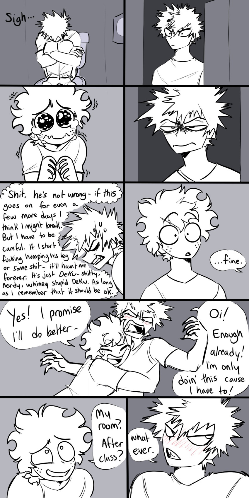 absurd_res blush blush_lines bodily_fluids clawed_fingers comic crying dialogue duo embarrassed english_text fangs hi_res human human_only izuku_midoriya katsuki_bakugou male male/male mammal my_hero_academia not_furry pretty_werewolf sigh speech_bubble tears teeth text thought_bubble